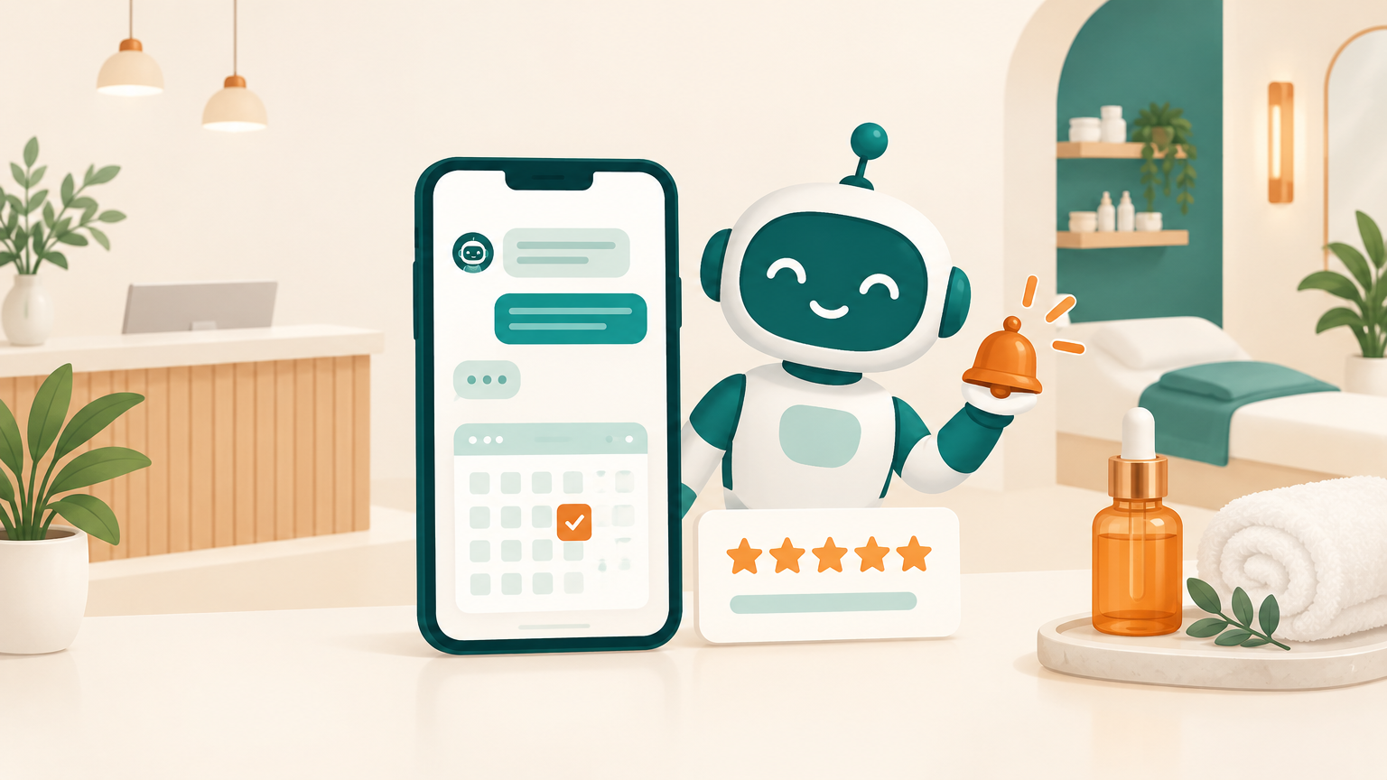 Illustration of a med spa reception with a phone showing a chat and a booked calendar slot, a robot assistant ringing a reminder bell and a five-star review card