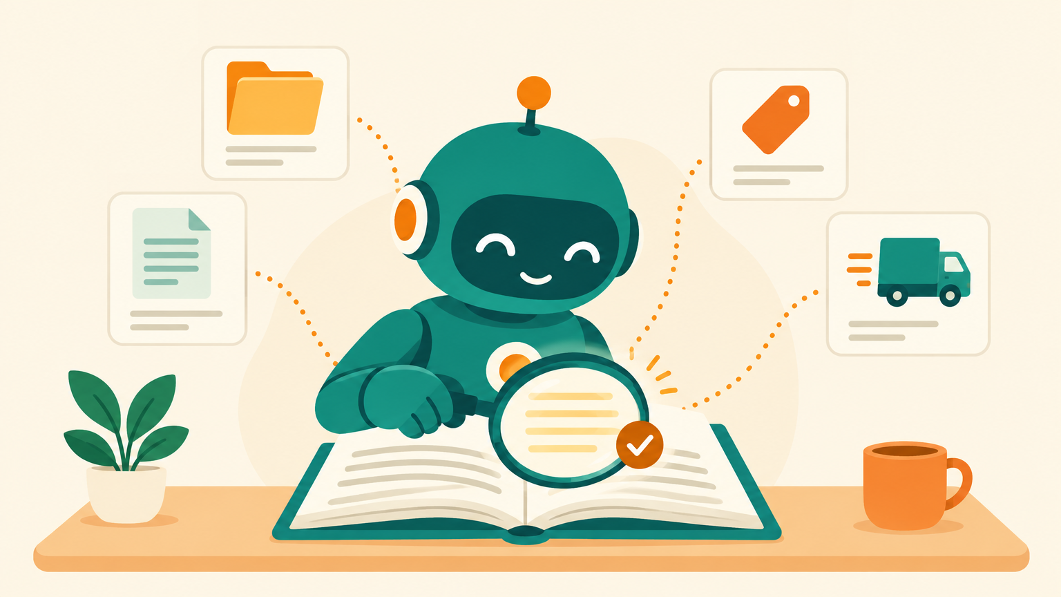 Illustration of a friendly teal robot at a desk reading an open book through a magnifying glass, with a folder, a document, a price tag and a delivery truck card linked to the highlighted page
