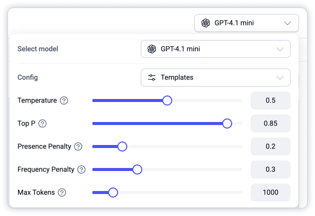 Botcake AI model settings panel showing Select model GPT-4.1 mini, Config Templates, and sliders for Temperature, Top P, Presence Penalty, Frequency Penalty and Max Tokens