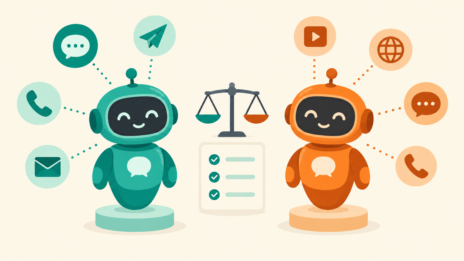 Illustration of a teal robot and an orange robot chatbot on pedestals, each linked to channel icons for chat, phone, email, web and video, with a balance scale and checklist between them