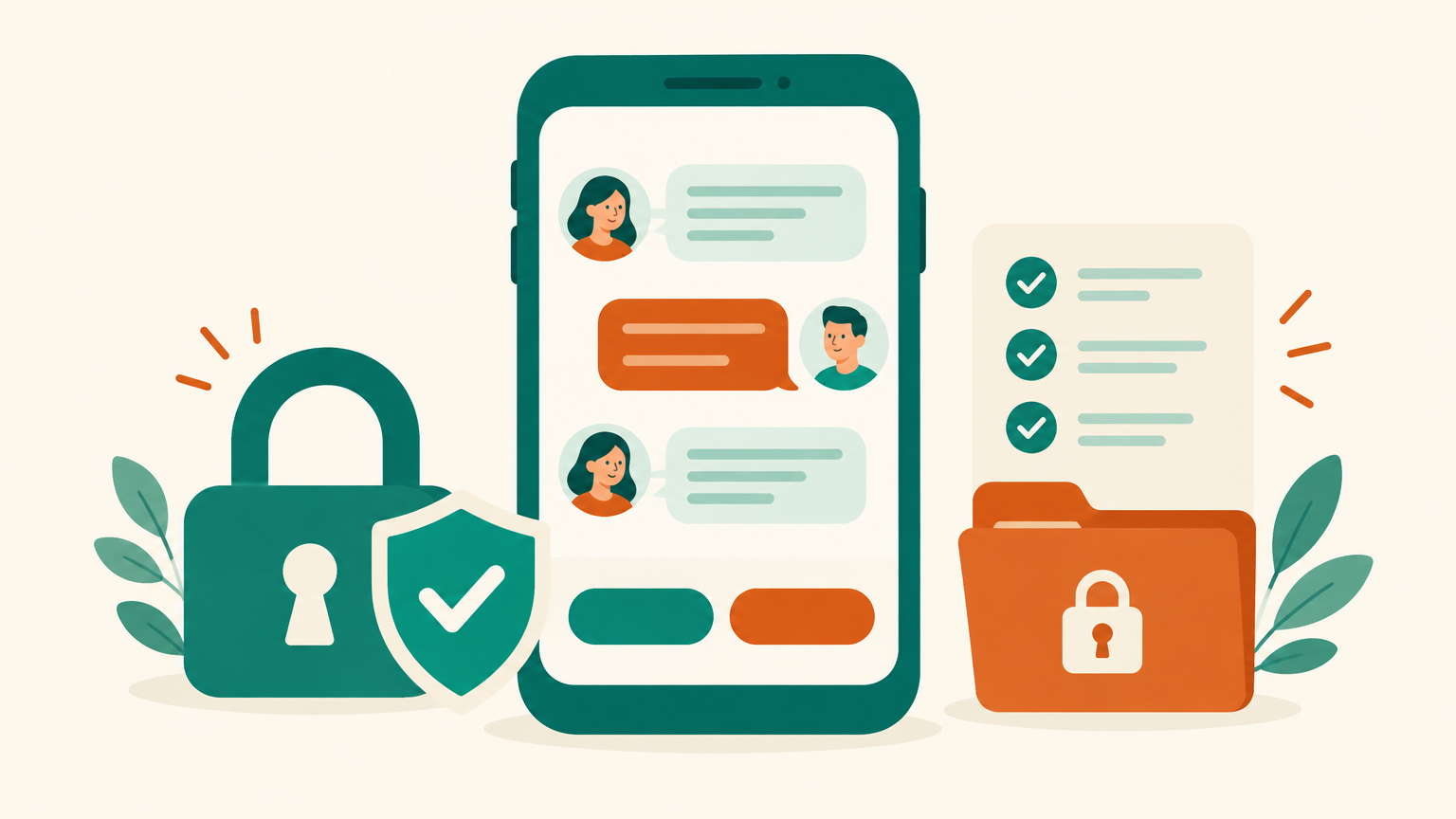 Illustration of a smartphone chat with consent buttons between a teal padlock with a check-mark shield and a locked orange folder with a privacy checklist