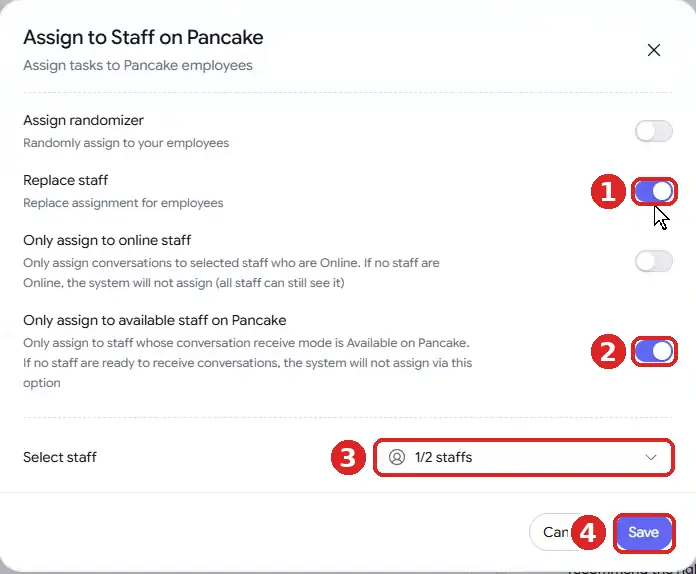 Assign to Staff on Pancake window with toggles for assign randomizer, replace staff, only online staff and only available staff, a Select staff dropdown and Save button