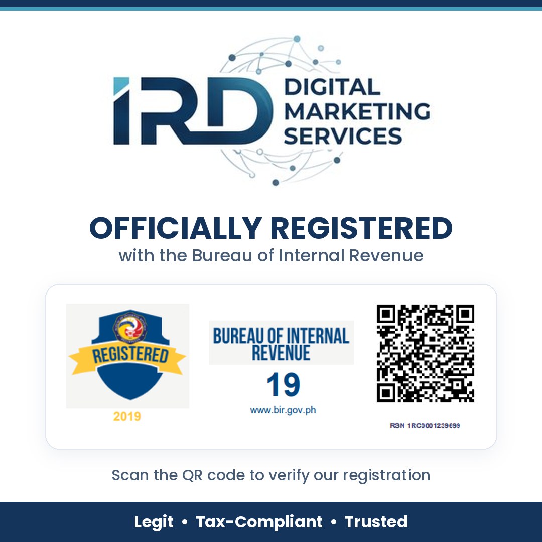 BIR Registration Seal of IRD Digital Marketing Services, registered with the Bureau of Internal Revenue in 2019, with a QR code to verify the registration