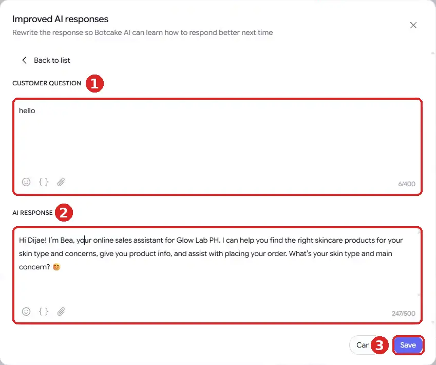 Botcake AI Improved AI responses window with fields for the customer question and the preferred AI response