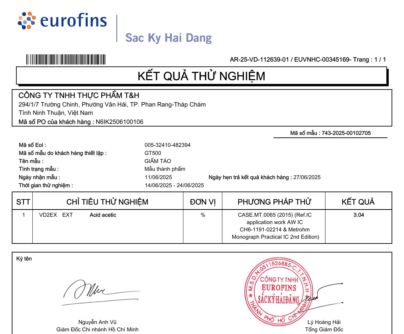 Phiếu kiểm nghiệm Nguyên chất — Acid acetic 3,04%