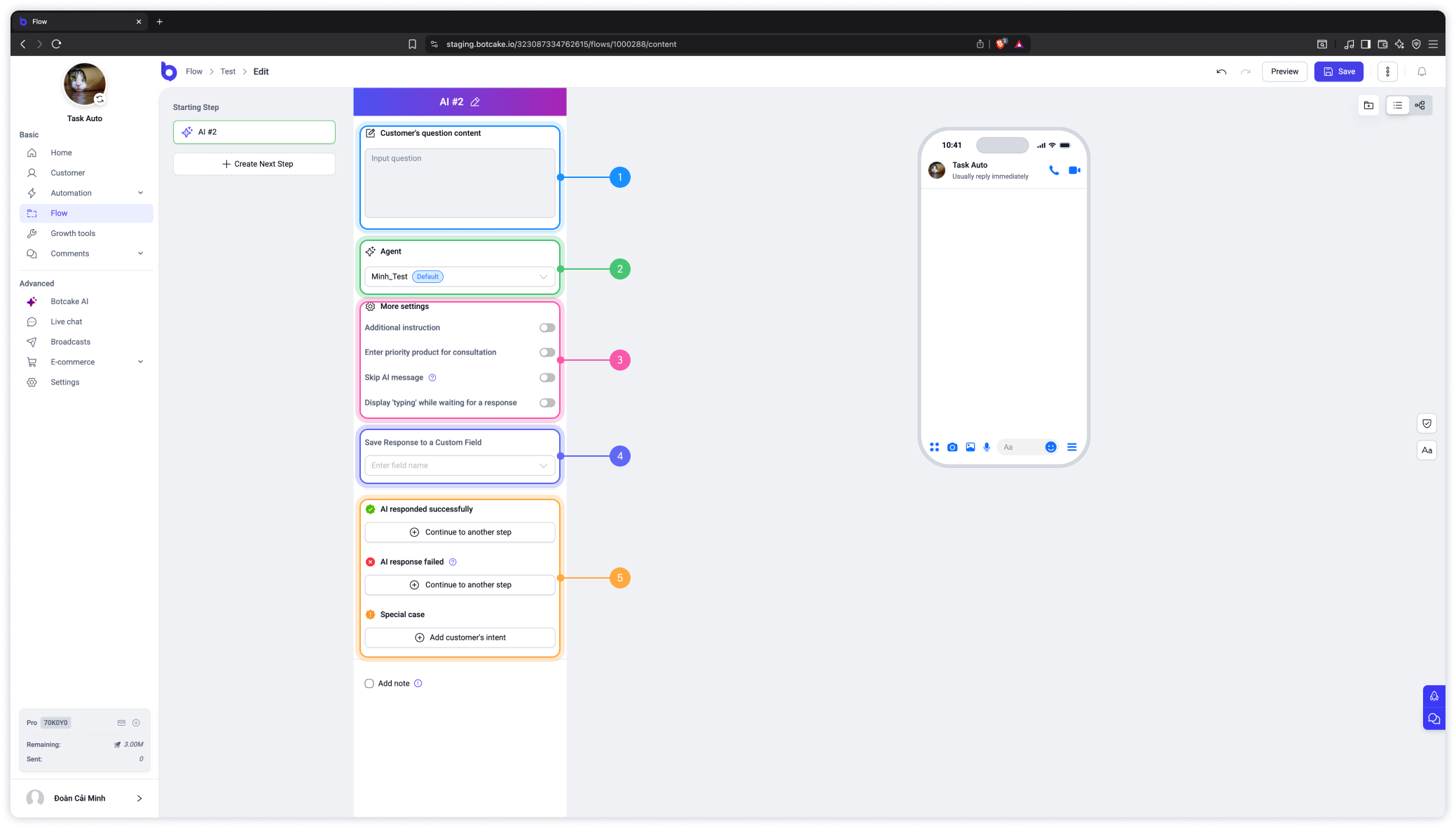 Botcake flow editor showing an AI block with Customer's question content, Agent, More settings toggles, Save Response to a Custom Field, and outcome branches for success, failure and special case