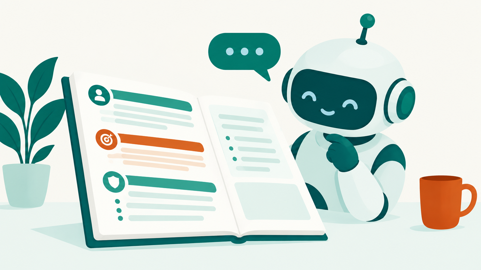 Illustration of an AI assistant reading a structured instruction notebook with colored sections