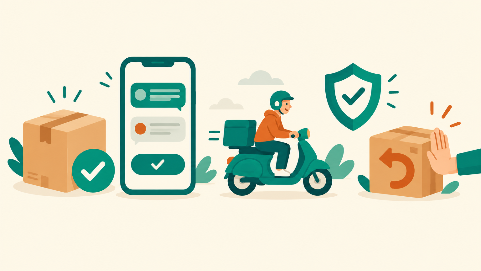 Illustration of a confirmed parcel, a smartphone with chat bubbles and a confirm button, a delivery rider on a scooter, a security shield and a returned parcel being stopped