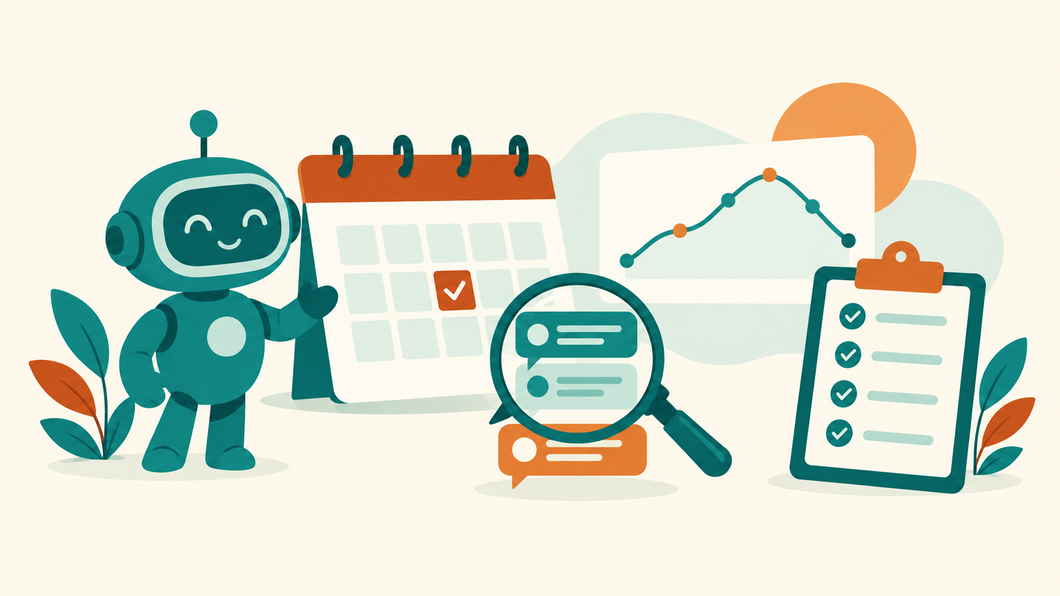 Illustration of a friendly teal robot beside a weekly calendar with a check mark, a magnifying glass over chat bubbles, a line chart and a checklist clipboard