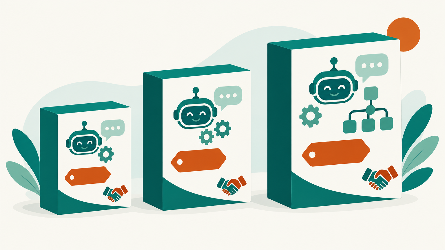 Illustration of three automation service packages in growing sizes with price tags and a handshake