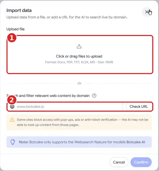 Botcake AI Import data window with a drag-and-drop upload area for files and a field to search web content by domain