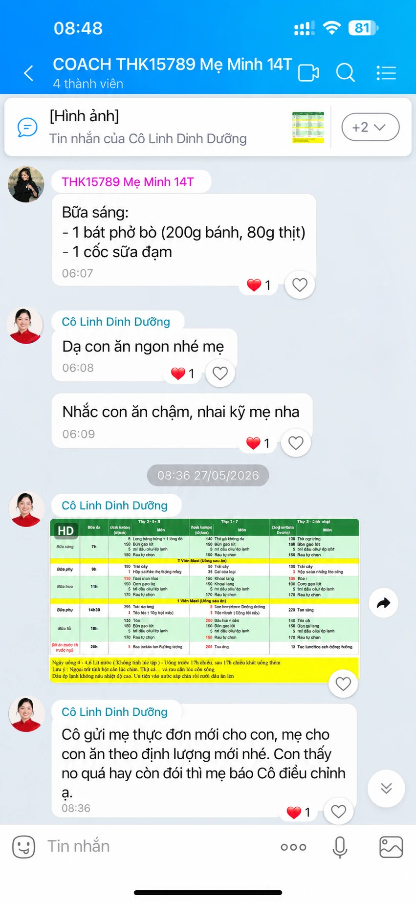 Mẹ gửi bữa sáng và cô Linh gửi thực đơn định lượng mới