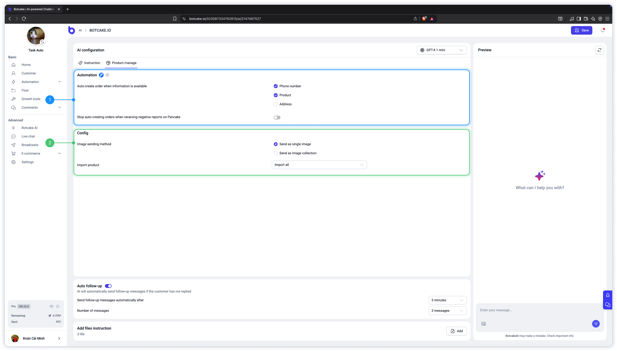 Botcake AI configuration, Product manage tab, with Automation options for auto-creating orders, Config options for image sending and product import, and Auto follow-up settings