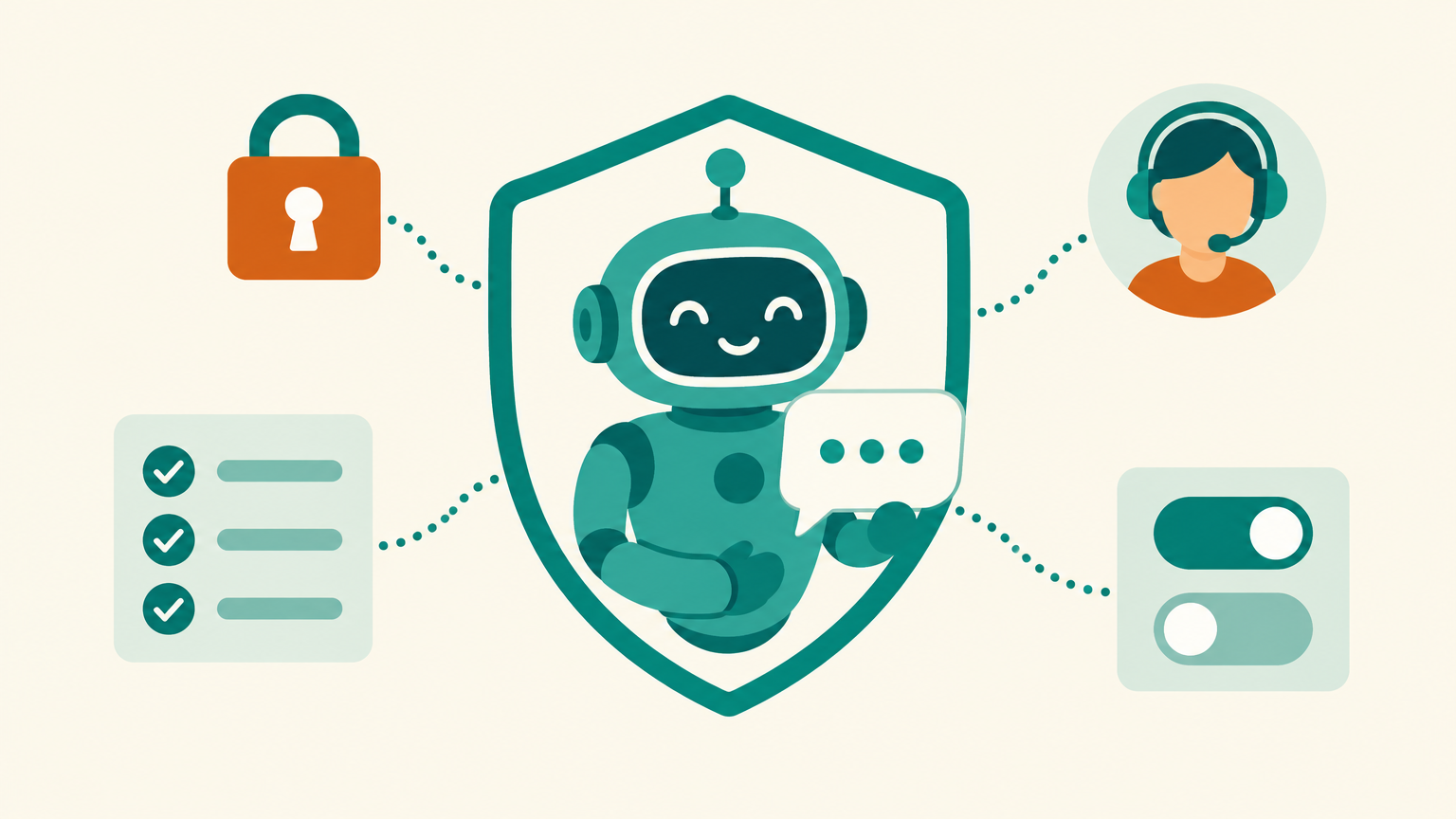Illustration of a friendly teal robot customer agent inside a protective shield, linked to a padlock, a checklist with check marks, permission toggle switches and a human support agent with a headset