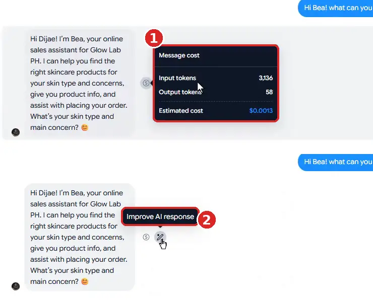 Botcake AI Preview reply with the Message cost popup showing input tokens, output tokens and estimated cost