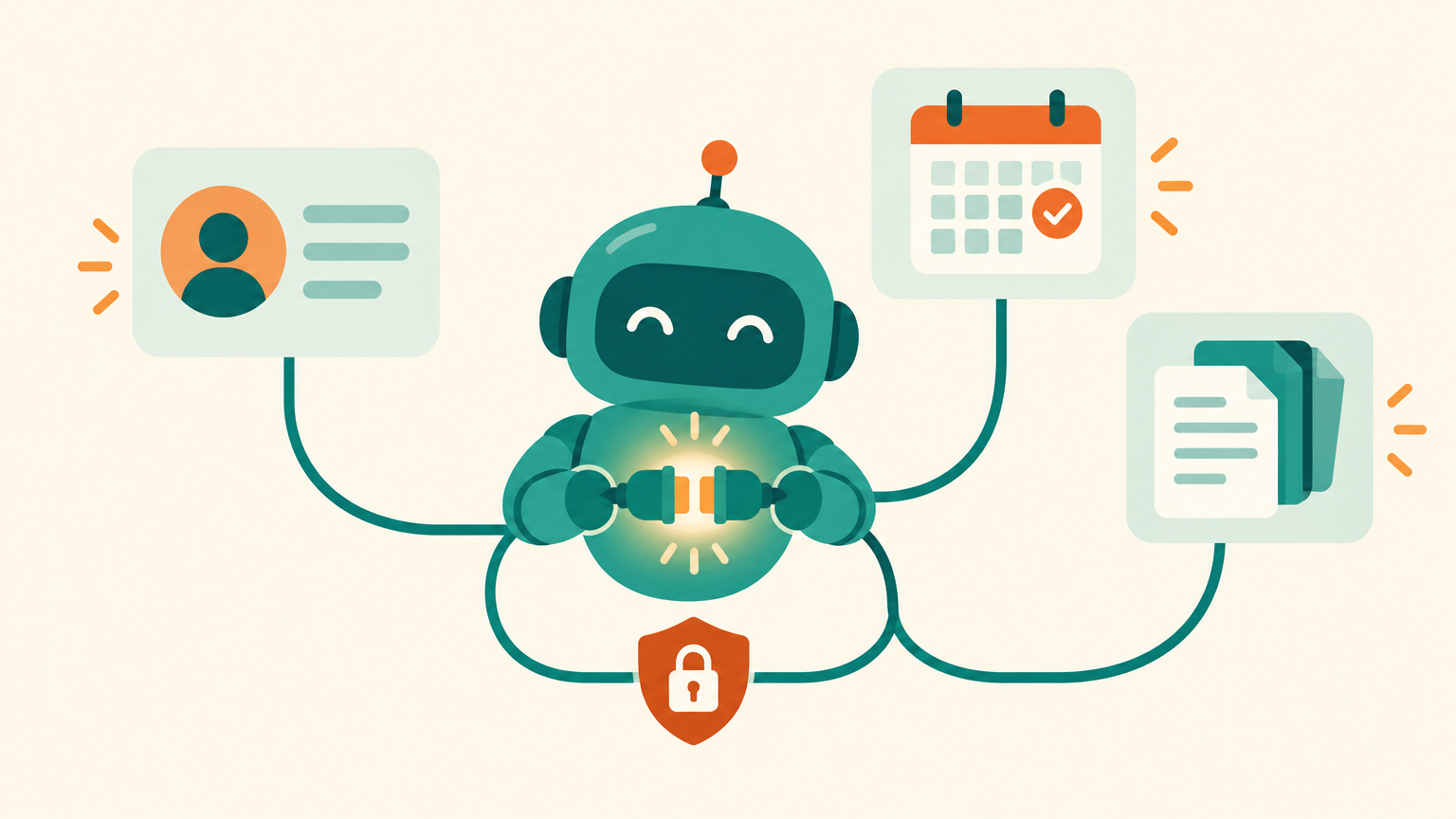 Illustration of a friendly teal robot holding a glowing plug, connected by cables to a CRM contact card, a calendar and a document stack, with an orange padlock shield on the cable for permissions