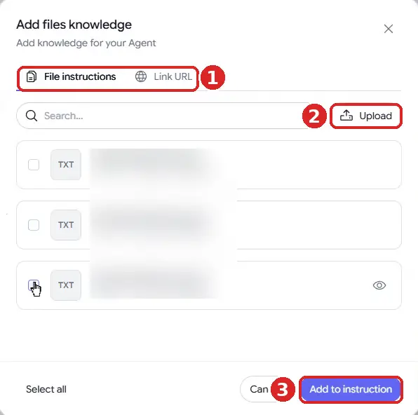 Botcake AI Add files knowledge window with File instructions and Link URL tabs, an Upload button, a file list with checkboxes and the Add to instruction button