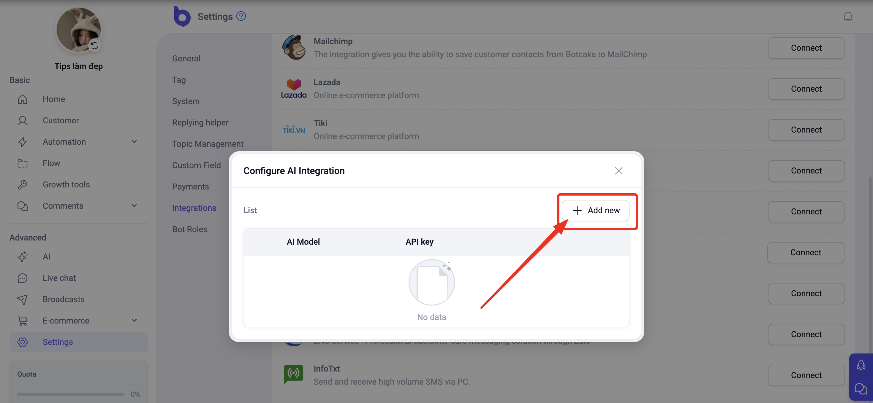 Botcake Settings, Integrations page with the Configure AI Integration window open and the Add new button highlighted