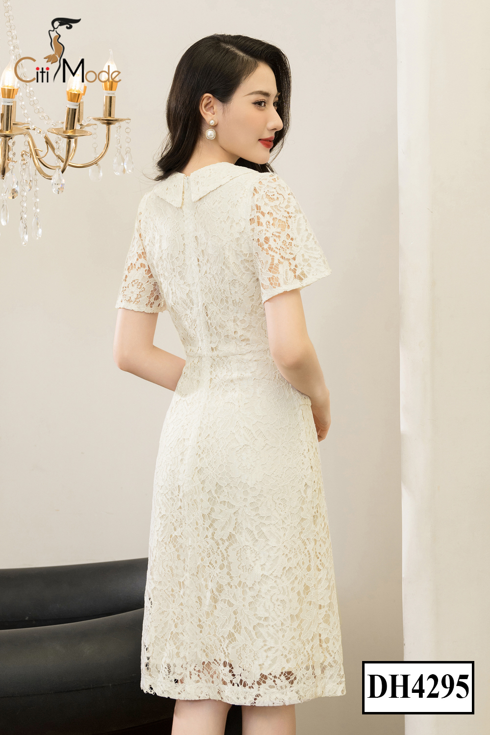 Đầm xòe ren kem peplum