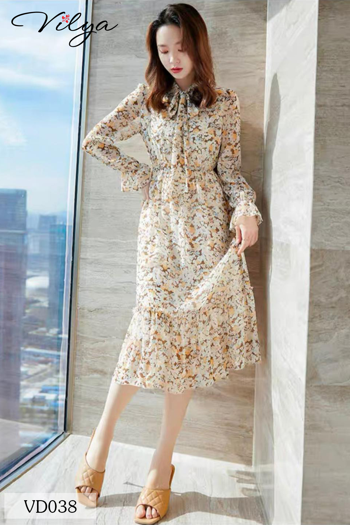 Đầm hoa nhí be VILYA tay dài cổ nơ đuôi cá VD038_thumbnail_1