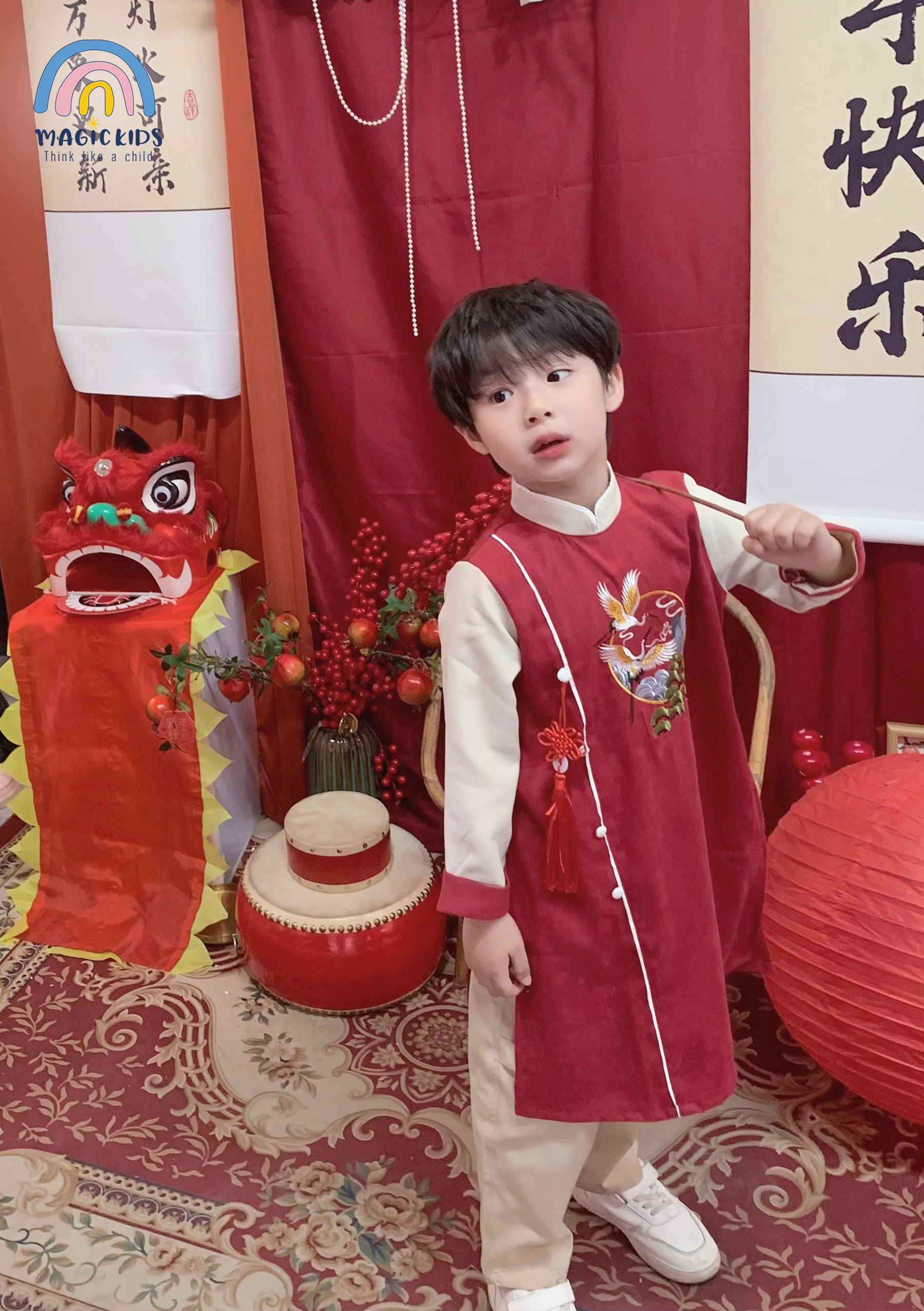 Áo dài Tết cho bé trai size đại 40kg Magickids áo dài cổ truyền chất text nhung thêu hạc tặng kèm dây khánh AD23020_thumbnail_5