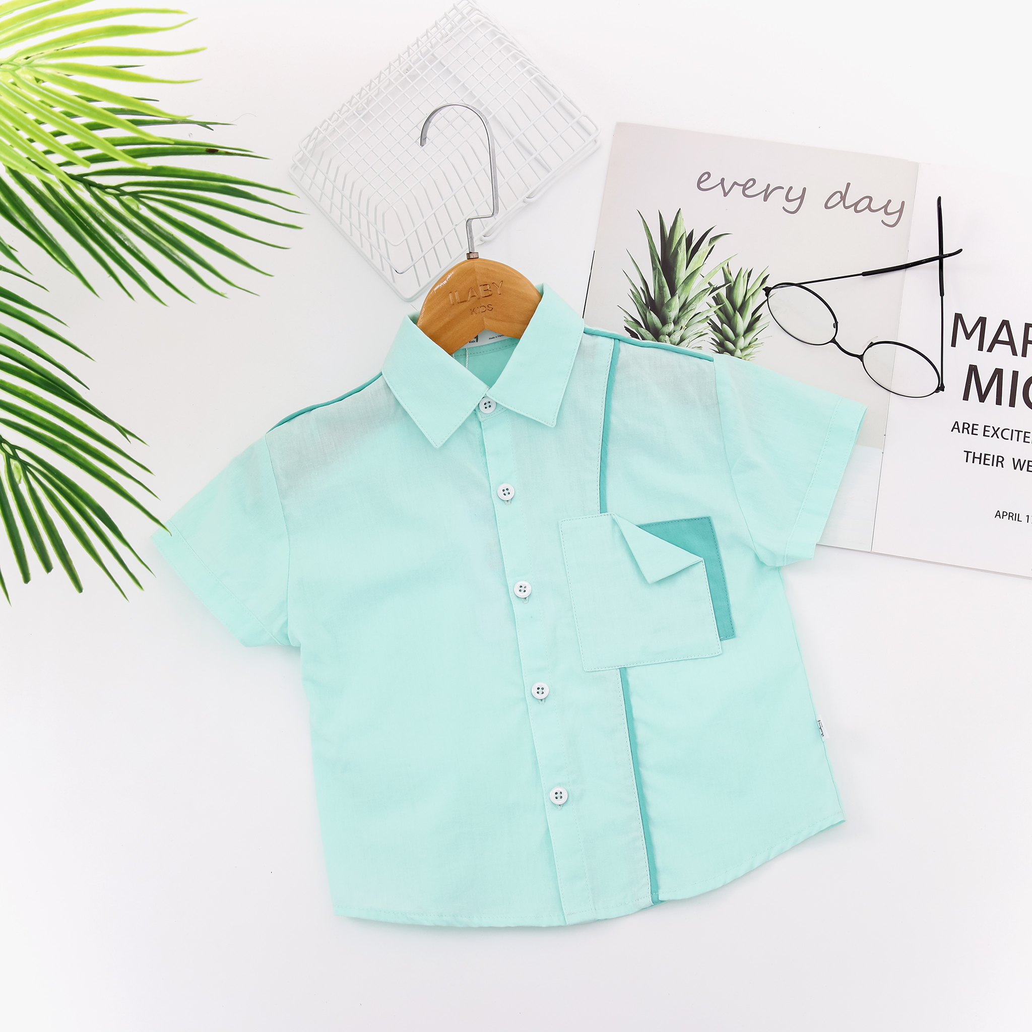 Áo sơ mi cộc tay phối lé