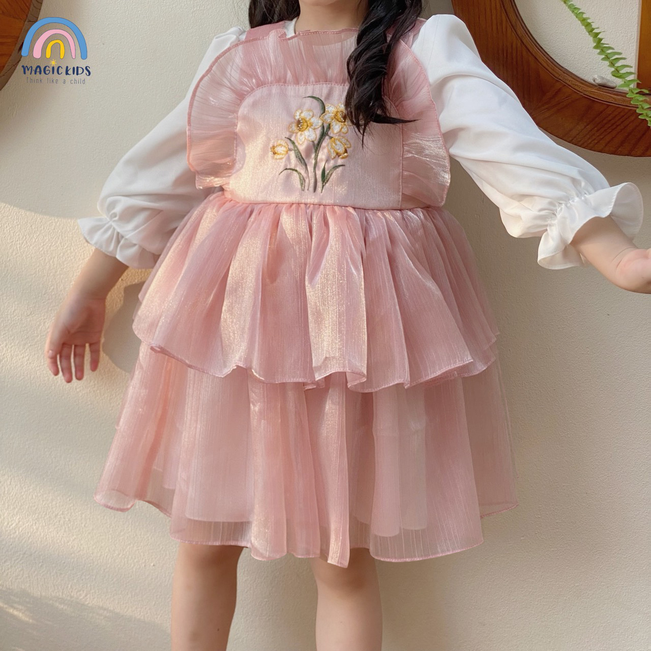 Váy đầm công chúa bé gái Magickids dáng xòe tay phồng chất voan cao cấp thêu hoa mặc sự kiện, Tết VA22001_thumbnail_7