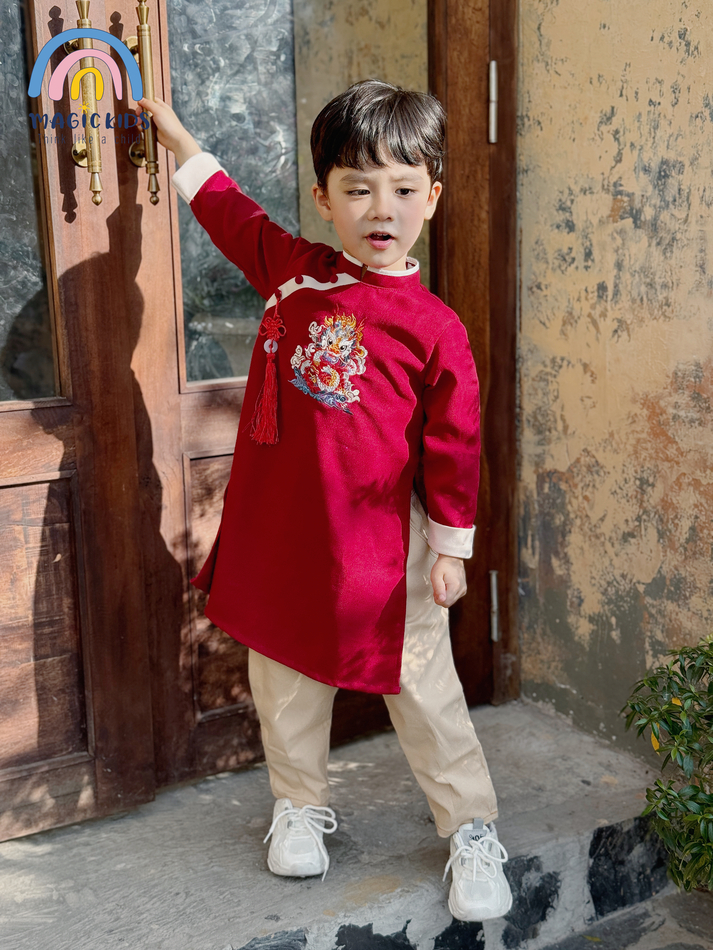 Áo dài cho bé trai size đại 40kg Magickids áo dài Tết 2024 truyền thống thêu rồng kèm dây khánh chất text nhung AD23023_thumbnail_3