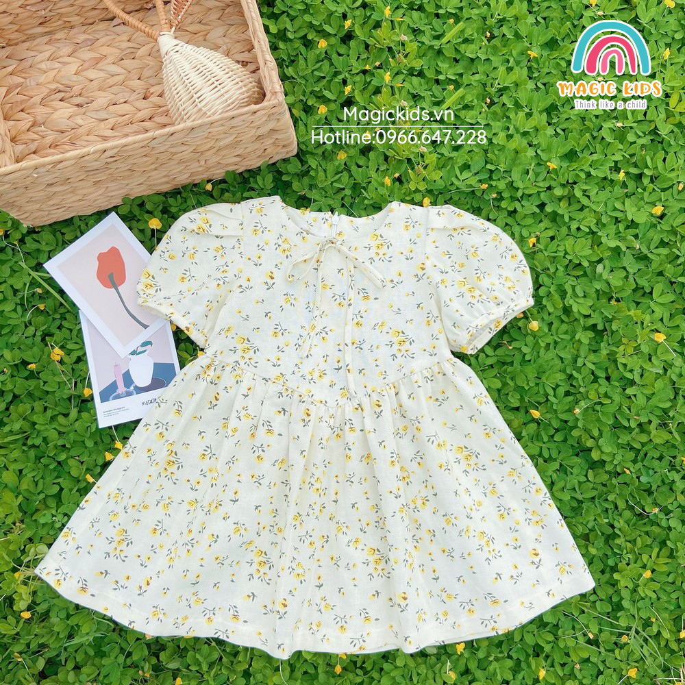 Váy xòe trẻ em hoa nhí nơ cổ xinh xắn, dễ thương dành cho bé gái từ 9-24kg