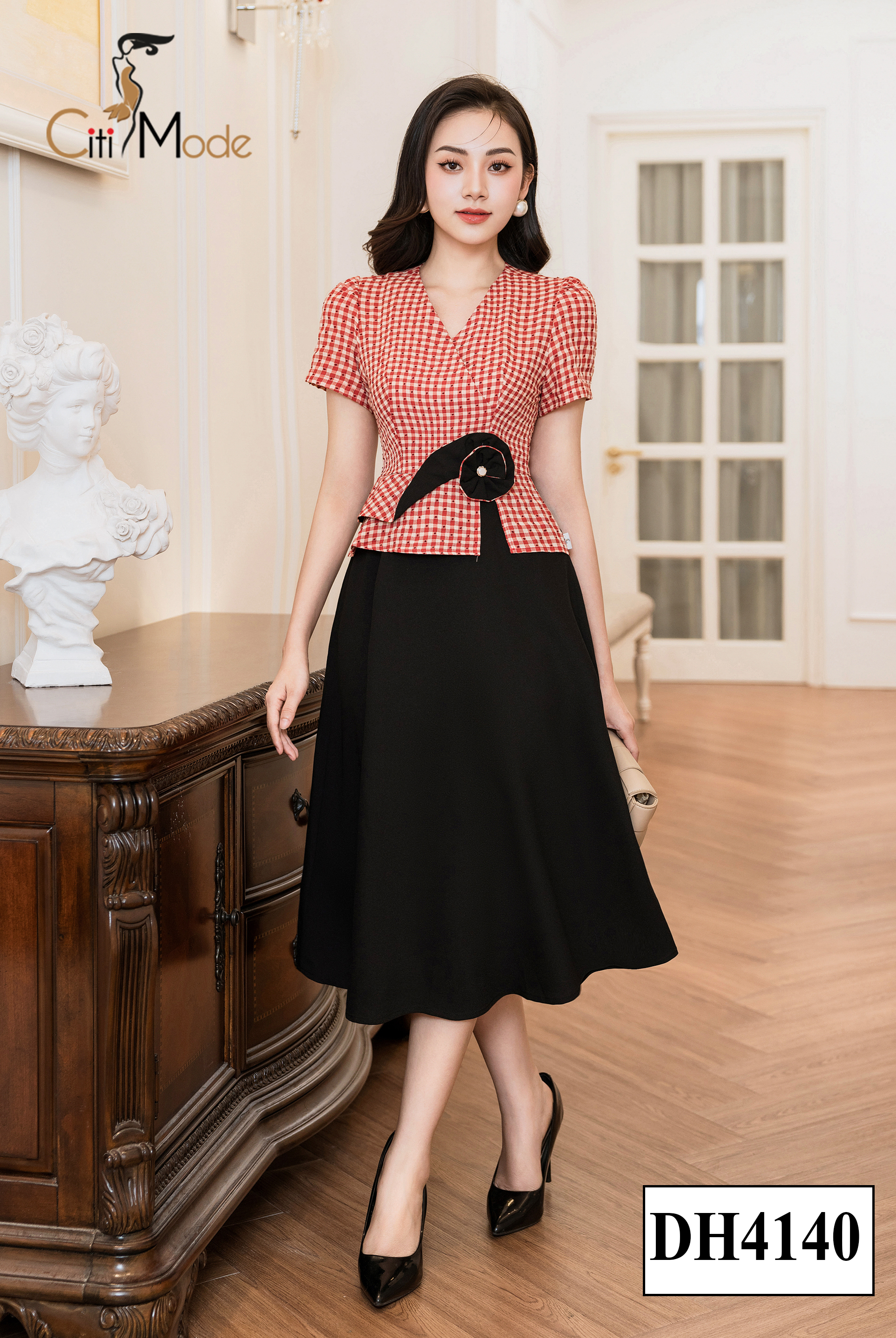 Đầm xòe kẻ đỏ peplum phôi chân đen_thumbnail_2