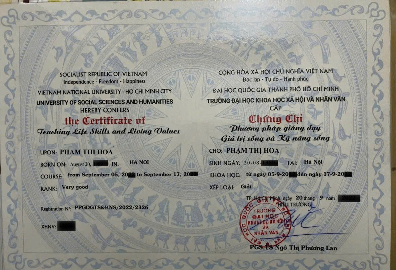 Chứng chỉ Phương pháp giảng dạy Giá trị sống và Kỹ năng sống