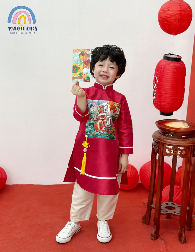 Áo dài Tết cho bé trai 2 3 4 5 6 7 8 9 10 tuổi mẫu  2024 Magickids in Lân chất taffa kèm dây treo Quần áo trẻ em AD22007