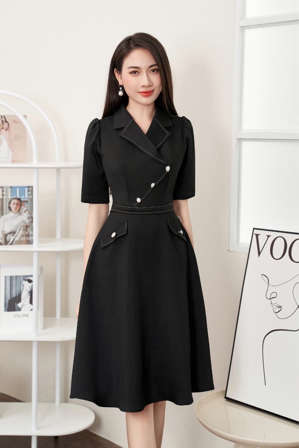 Đầm dạ đen cổ vét diễu chỉ