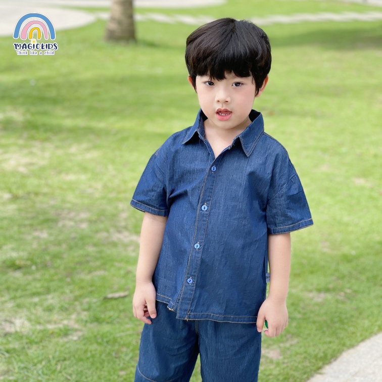 Bộ đồ size đại cho bé trai từ 20-48kg áo sơ mi quần đùi chất jeans giấy form rộng Magickids Quần áo trẻ em BR22014