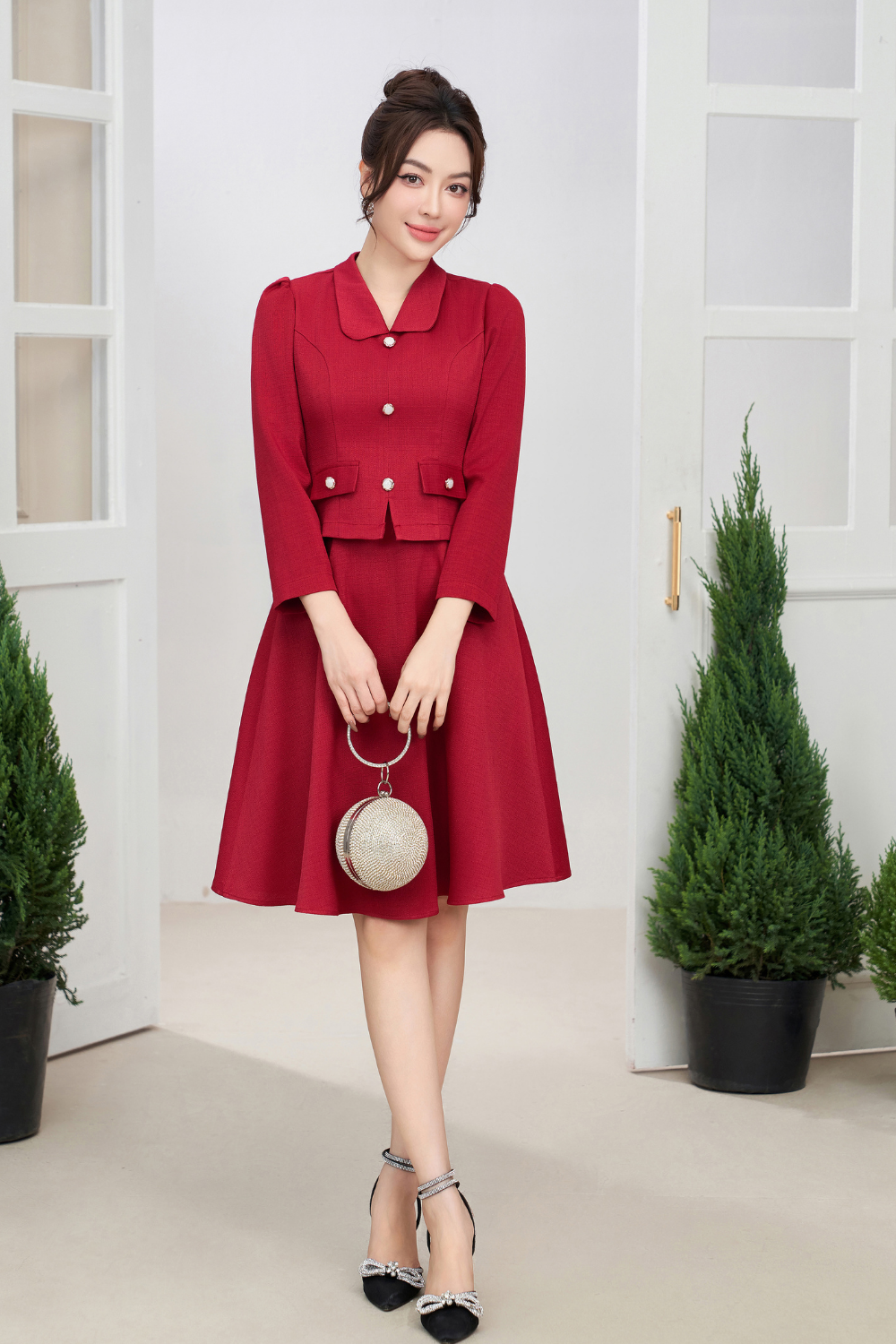 Đầm dạ  xòe đỏ cổ sen tay dài_thumbnail_3