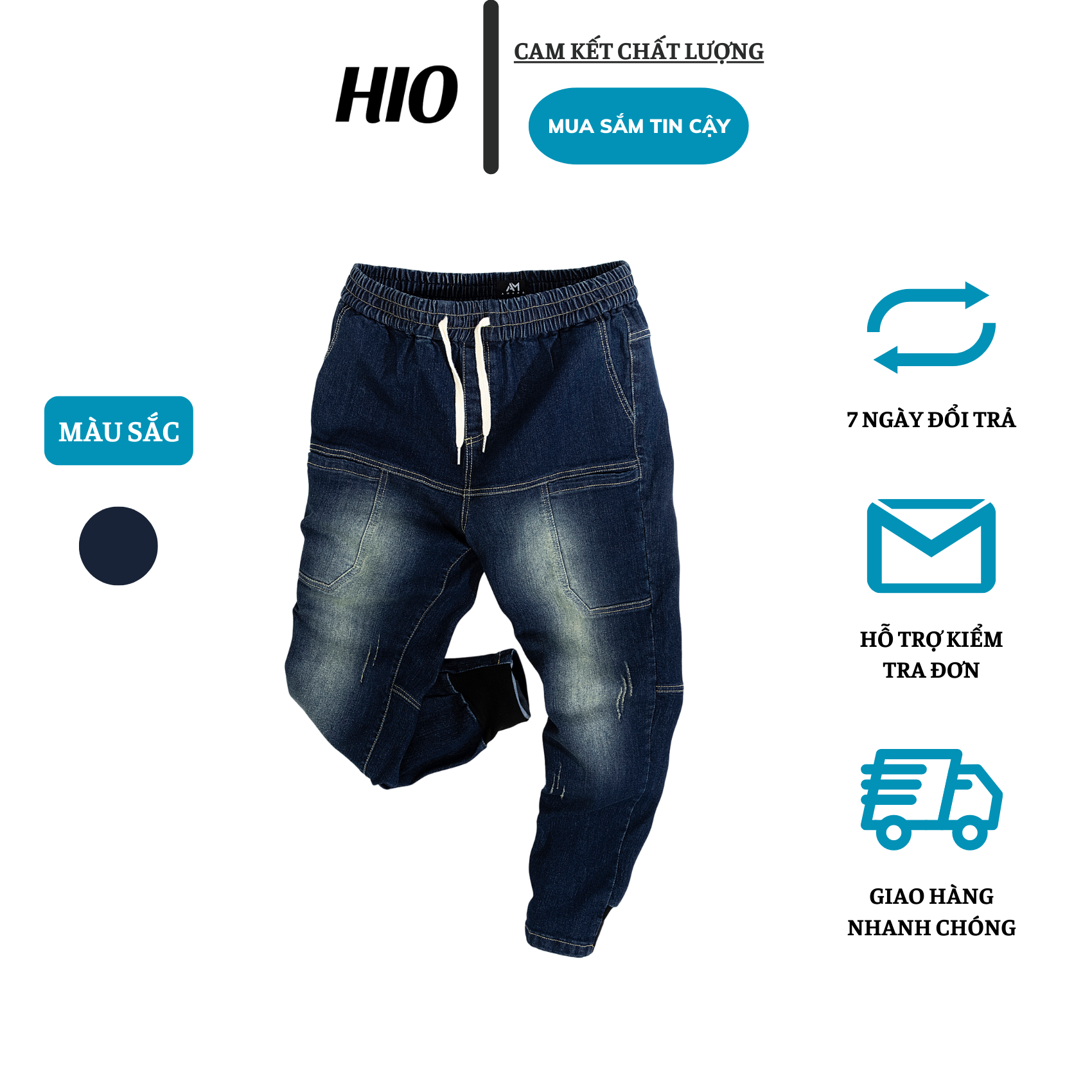 Quần JOGGER JEAN cạp chun gấu bo nỉ kết hợp cùng dây rút form Slimfit QJ541 XANH THAN