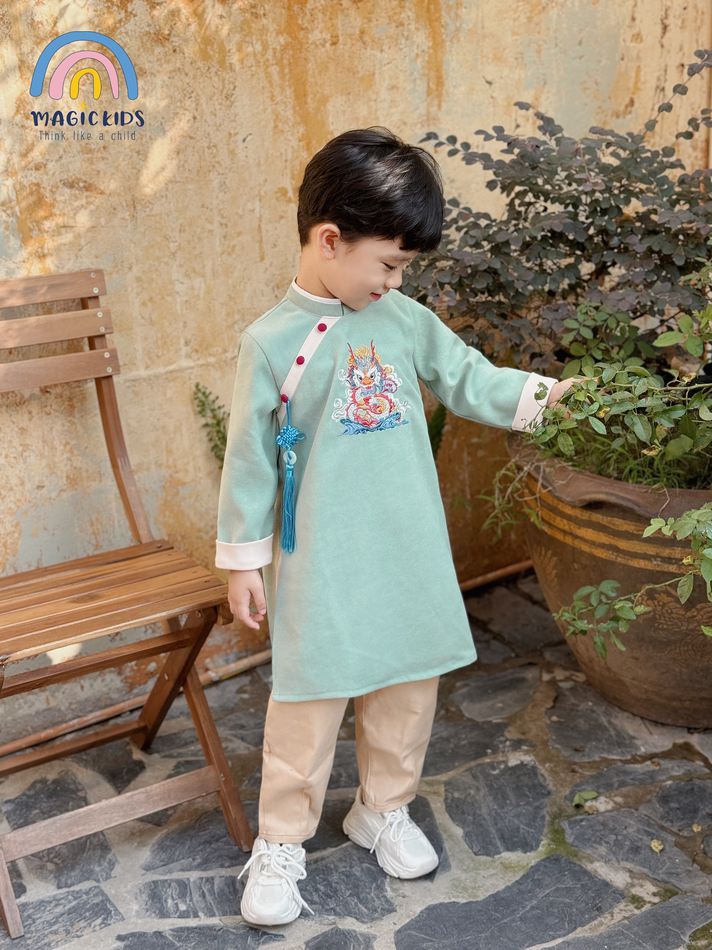 Áo dài cho bé trai size đại 40kg Magickids áo dài Tết 2024 truyền thống thêu rồng kèm dây khánh chất text nhung AD23023_thumbnail_7
