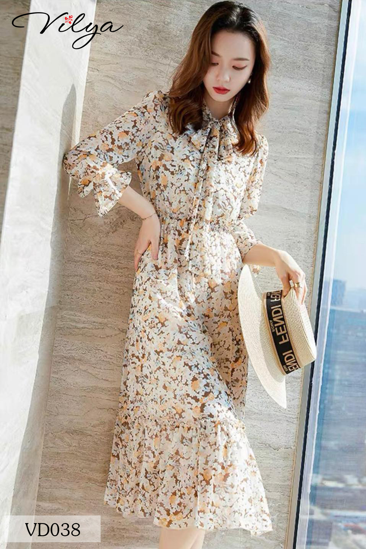 Đầm hoa nhí be VILYA tay dài cổ nơ đuôi cá VD038