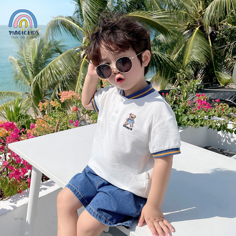 Áo polo bé trai ngắn tay cổ bomber Magickids thêu gấu chất thun cá sấu thoáng mát Quần áo trẻ em AO22028