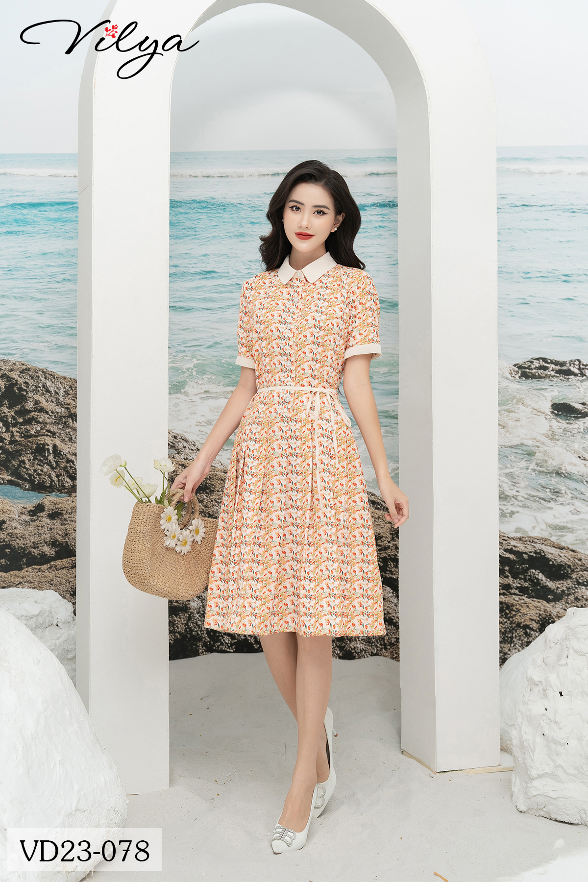 Đầm xòe hoa vàng cam VILYA phối cổ đức kem phối đai eo VD23-078
