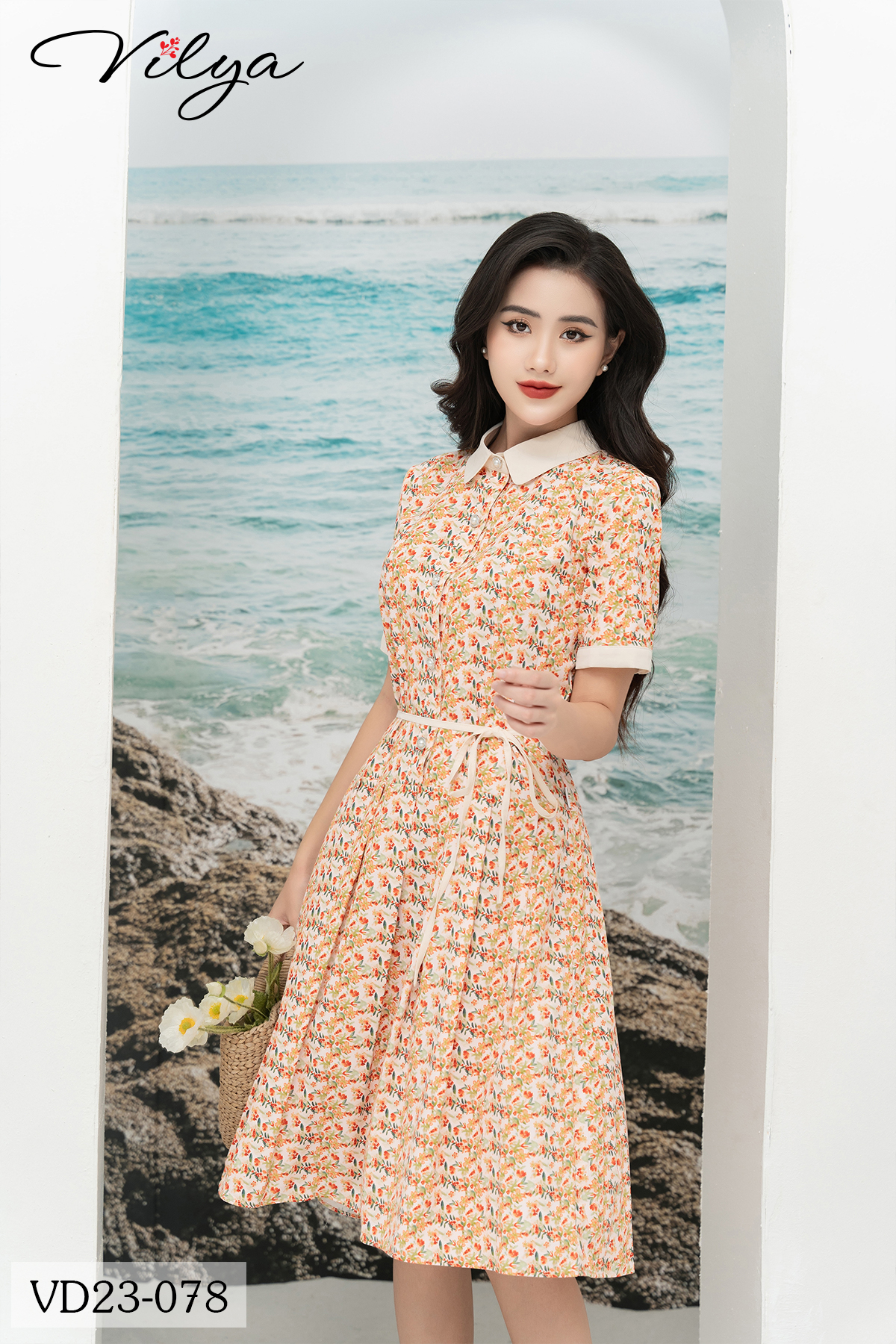 Đầm xòe hoa vàng cam VILYA phối cổ đức kem phối đai eo VD23-078_thumbnail_2