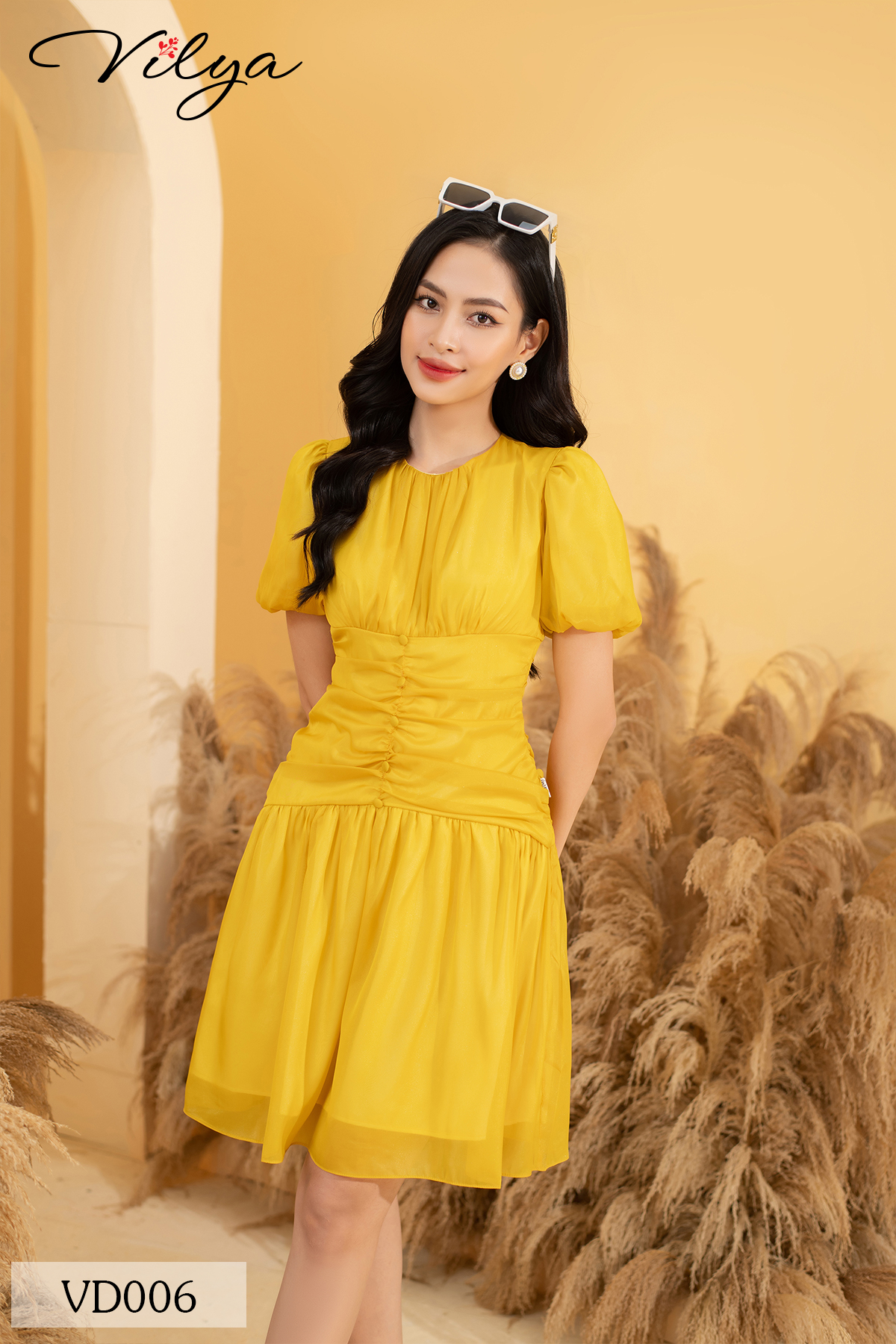 Đầm công sở VILYA dáng xòe tơ nhúm tay bồng VD006_thumbnail_2