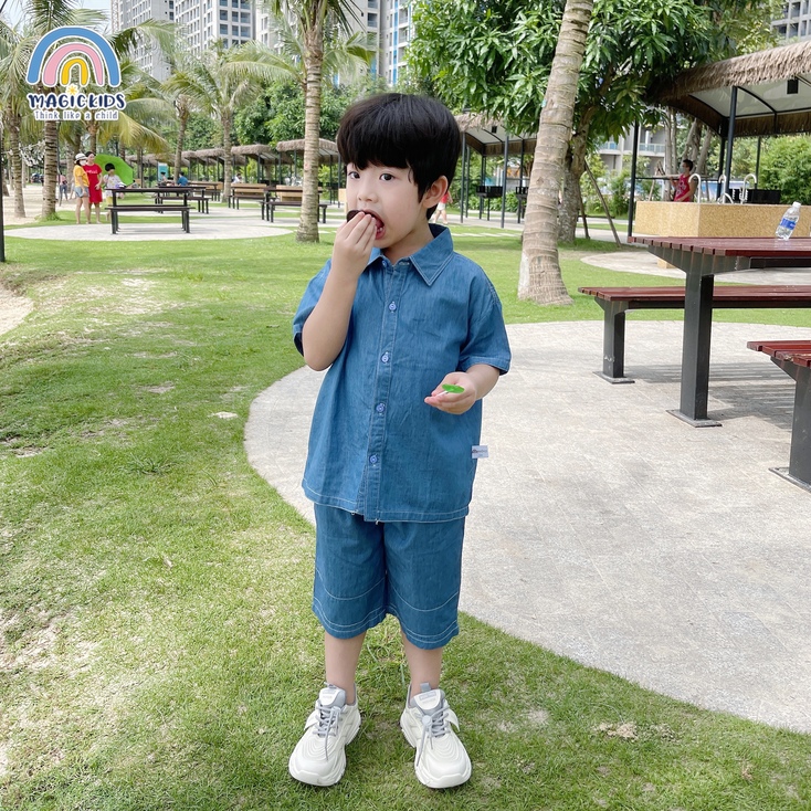 Bộ đồ size đại cho bé trai từ 20-48kg áo sơ mi quần đùi chất jeans giấy form rộng Magickids Quần áo trẻ em BR22014