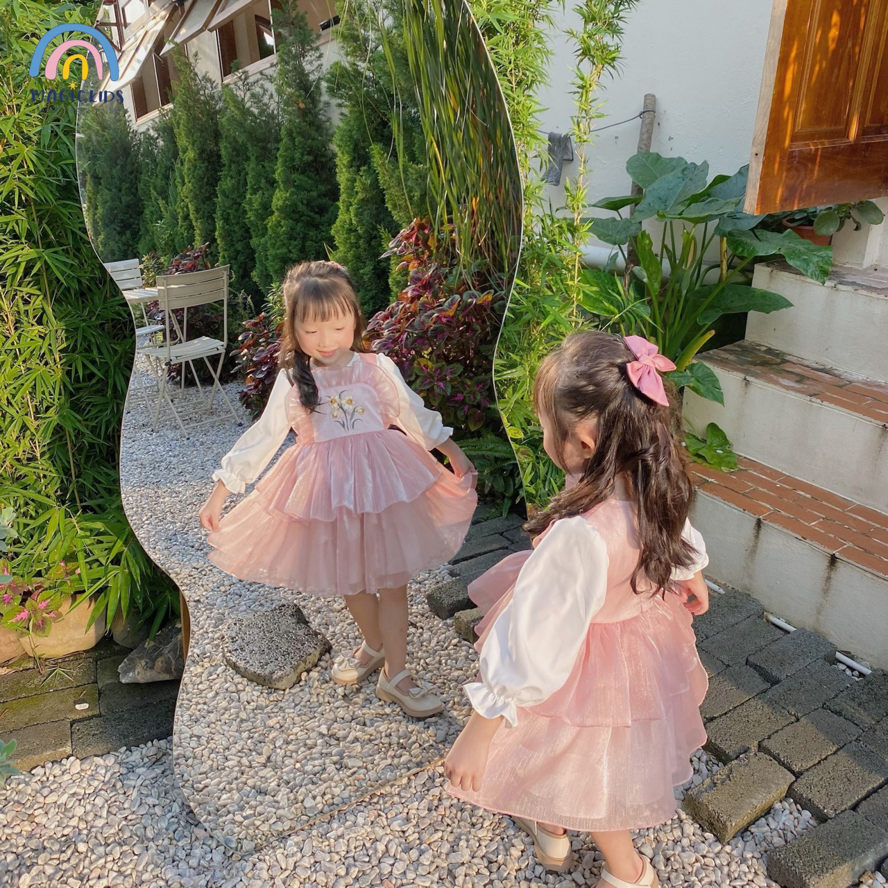 Váy đầm công chúa bé gái Magickids dáng xòe tay phồng chất voan cao cấp thêu hoa mặc sự kiện, Tết VA22001_thumbnail_5