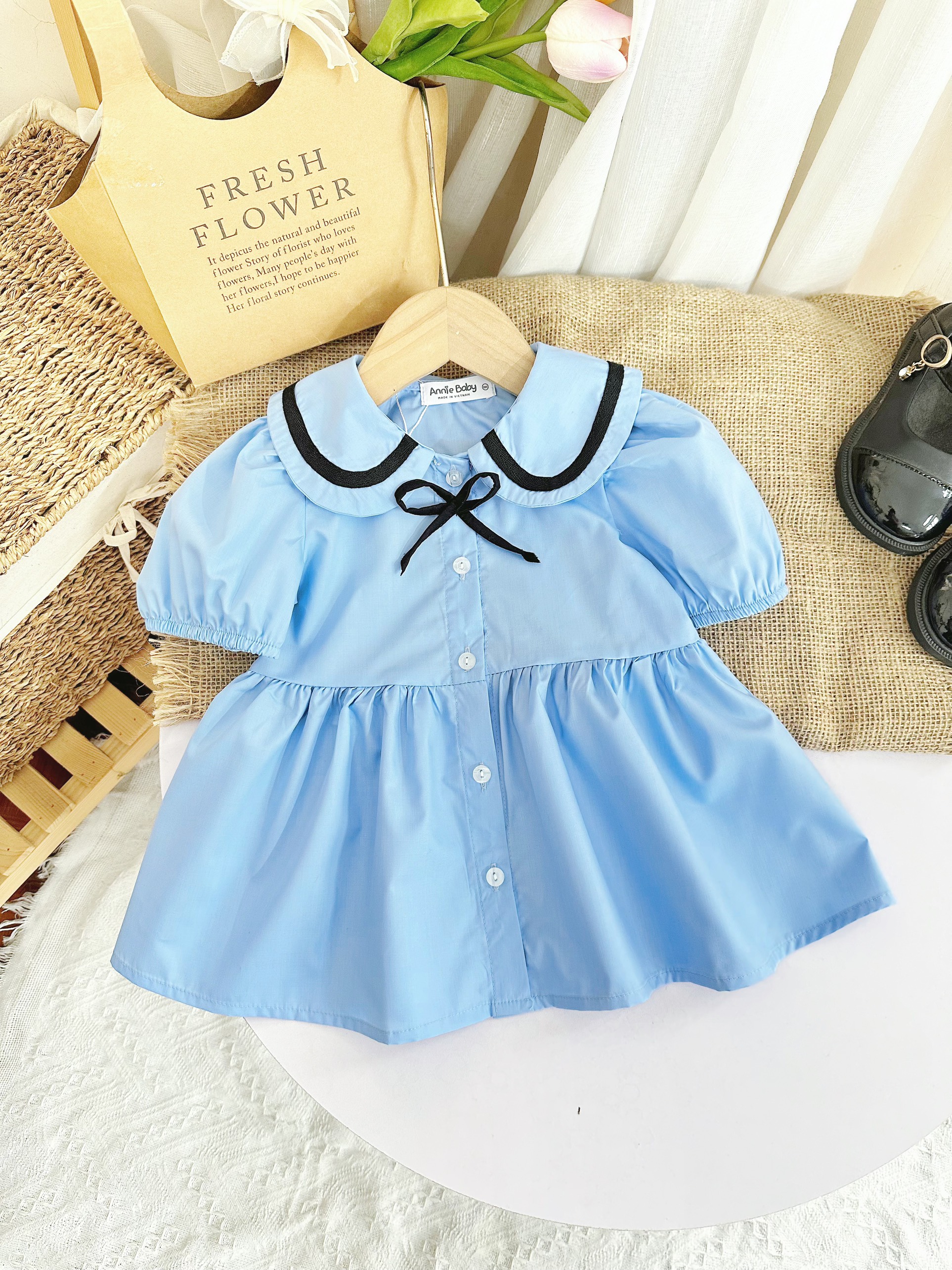 Set bộ quần áo bé gái size đại 13-41kg Anniebaby áo sơ mi cổ bèo phối quần short phong cách Hàn Quốc thoáng mát BD24028_thumbnail_3