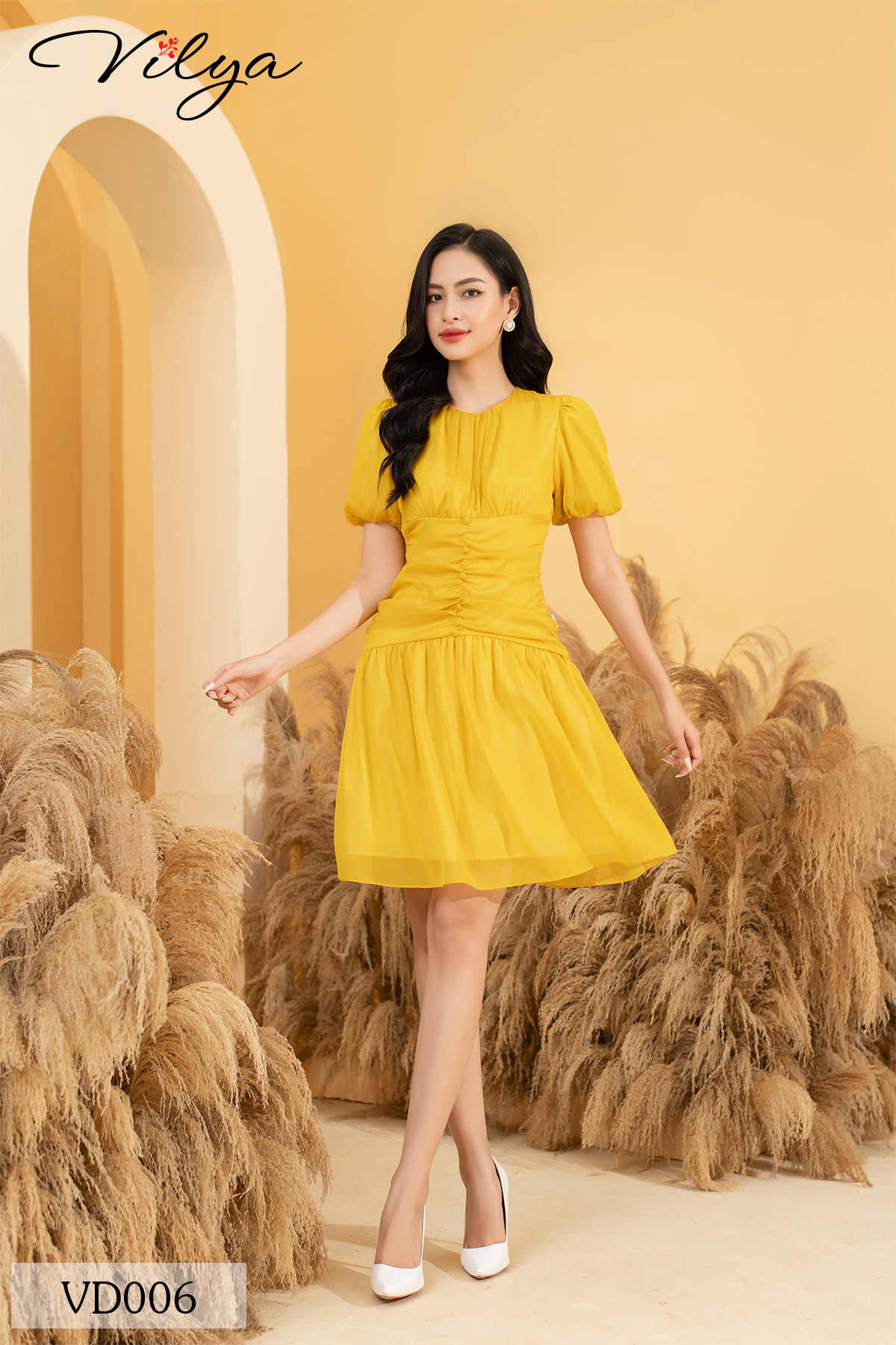 Đầm công sở VILYA dáng xòe tơ nhúm tay bồng VD006_thumbnail_3
