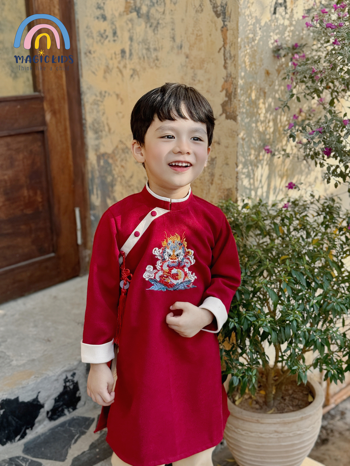 Áo dài cho bé trai size đại 40kg Magickids áo dài Tết 2024 truyền thống thêu rồng kèm dây khánh chất text nhung AD23023