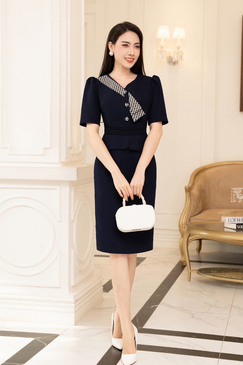 Đầm ôm peplum xanh phối cổ V cách điệu_thumbnail_2