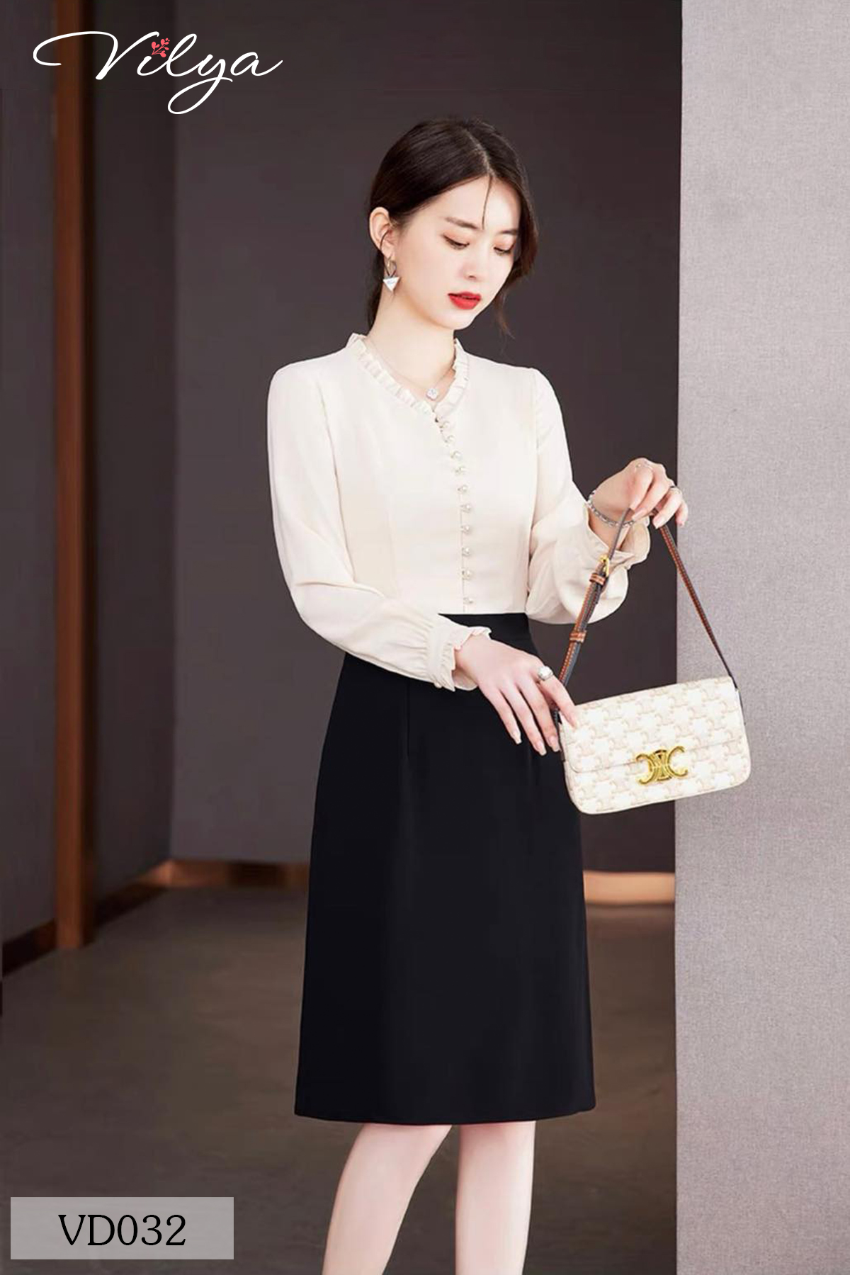 Đầm công sở VILYA dáng xòe A tay dài cúc trai VD032