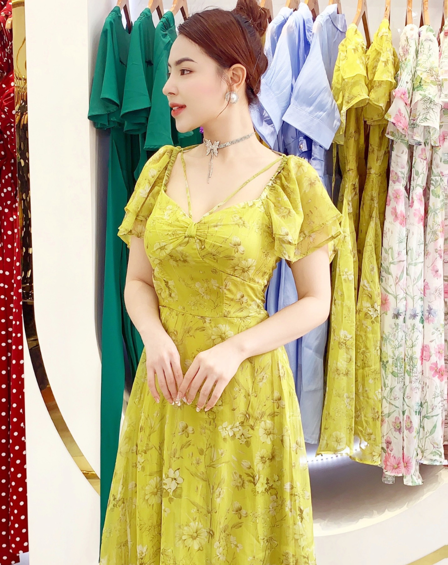 Váy hoa tay cánh tiên cổ V dây đan chéo